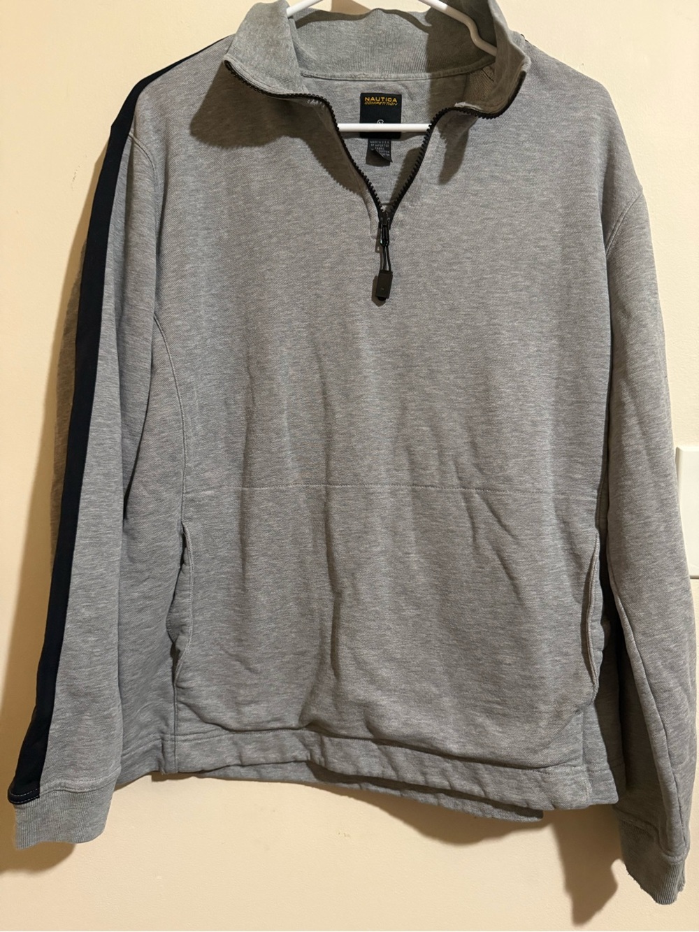 Nautica Men’s Gray Quarter-Zip Sweater with Navy Sleeve Stripe